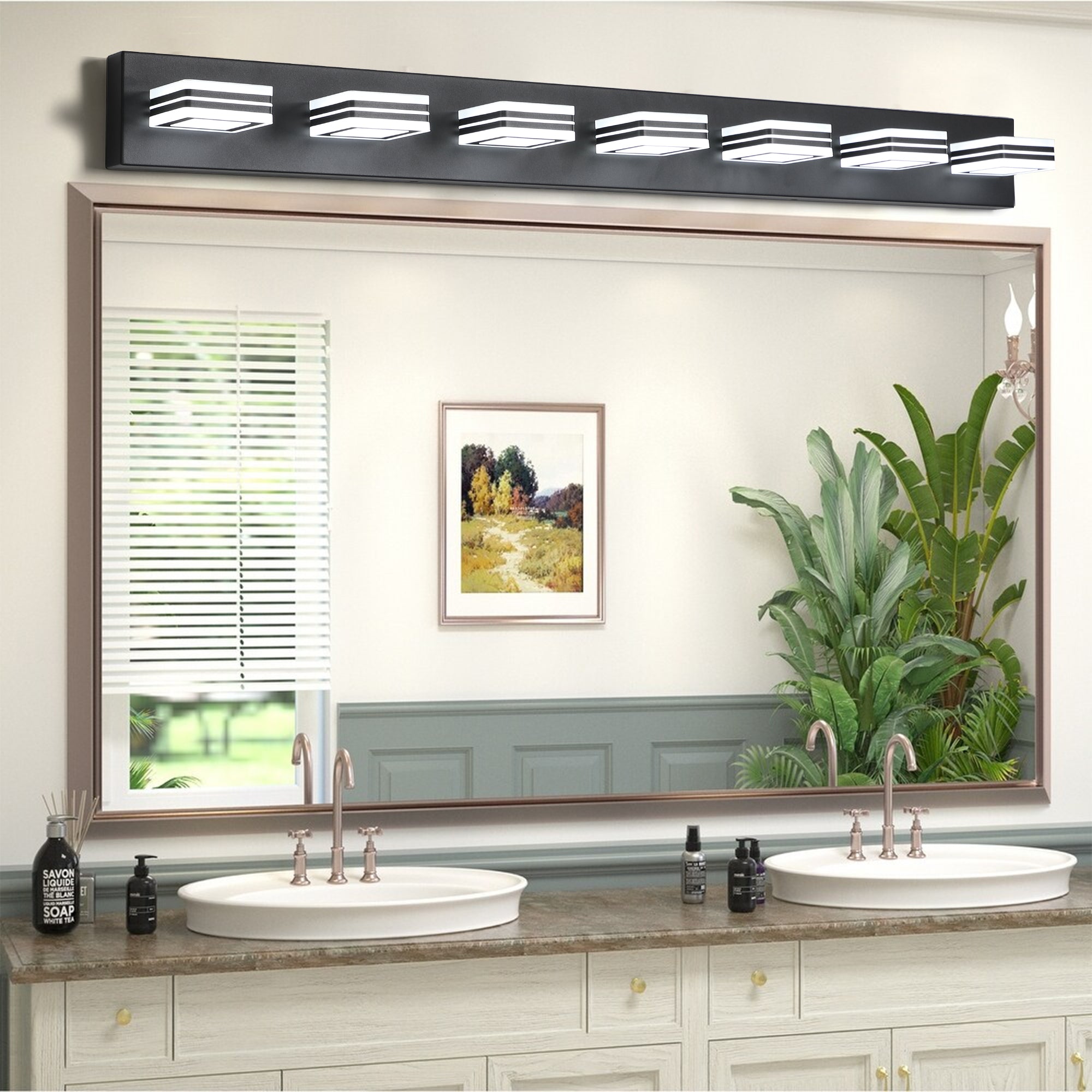 45' Modern Black 7-Light LED Vanity Light, Square Acrylic Lampshades Wall Mount Fixture for Bathroom, Mirror Lighting