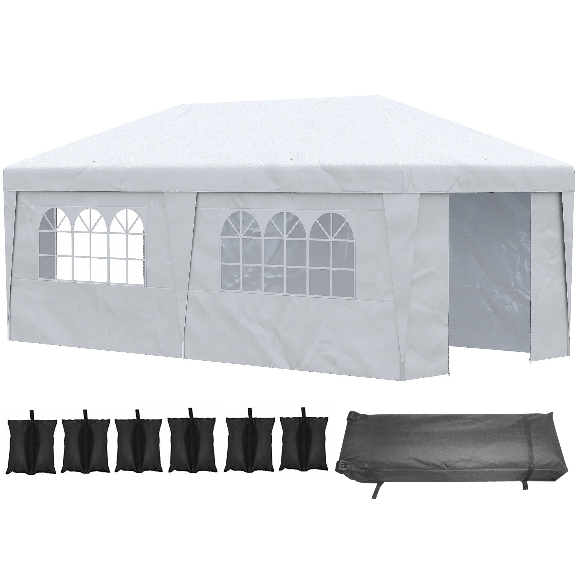 Outsunny 10' x 19.5' Pop Up Canopy Tent with Sidewalls, Height Adjustable Large Party Tent Event Shelter with Leg Weight Bags, Double Doors and Wheeled Carry Bag for Garden, Patio, White