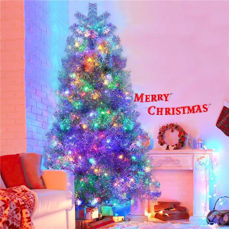 7.4FT Sliver Pre-Lit Artificial Christmas Tree, Hinged Full Tree with Metal Stand, 1200 Branch Tips,  400 LED Lights,11 Lighting Modes, Holiday Decoration Tree for Indoor and Outdoor