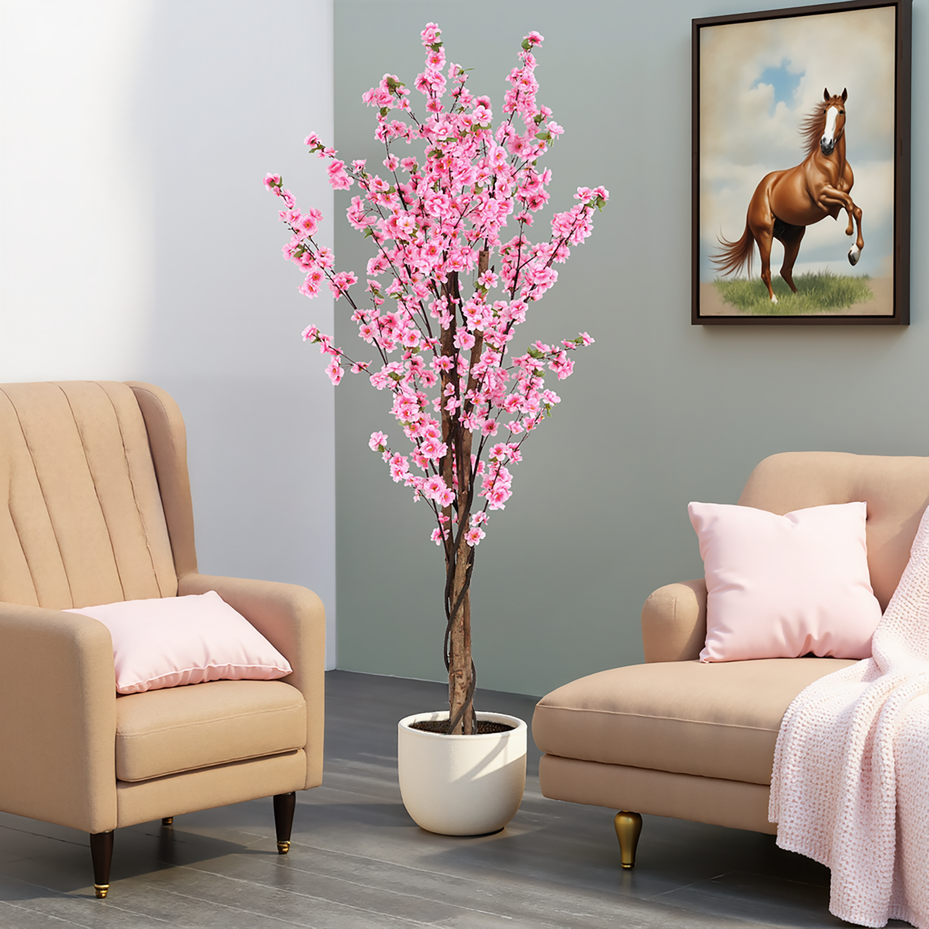 6' Artificial Peach Blossom Tree with Black Plastic Pot