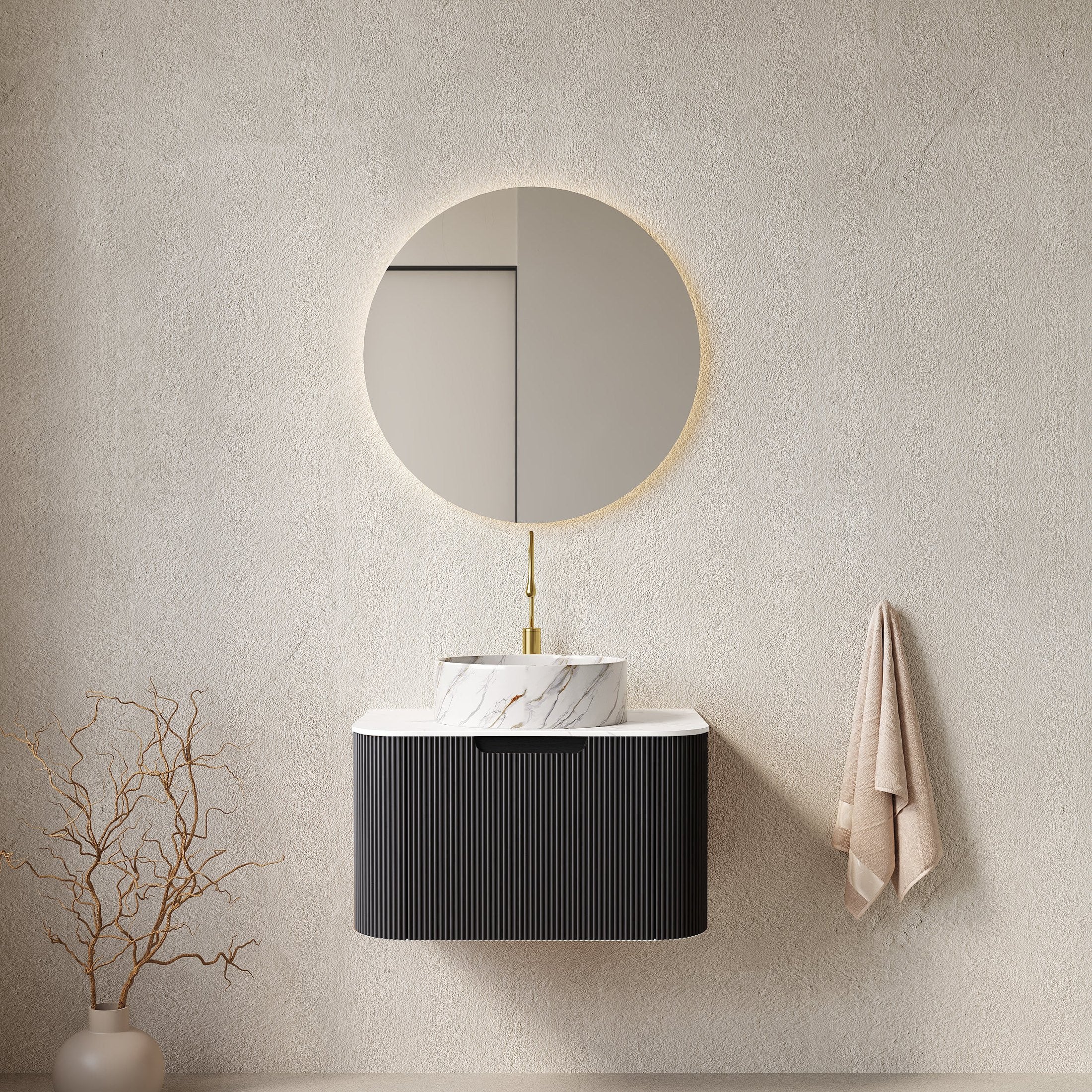 DINA 24' Bathroom Vanity with Sink, Wall-Mounted Floating Curved Edges Striped Bathroom Storage Cabinet with Drawer, White Round Ceramic Basin with Stone Pattern, Pre-assembled, Black Color