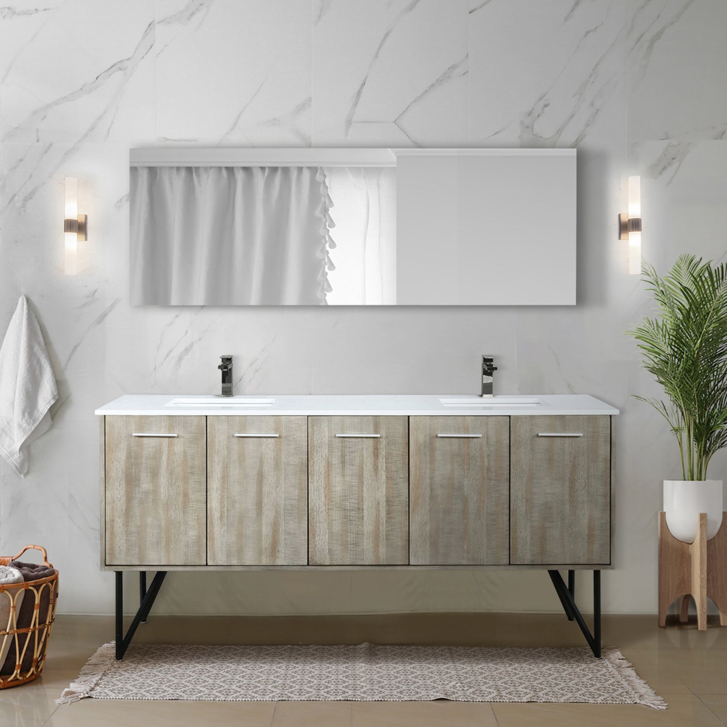 Rustic Acacia Double Bath Vanity 72 in. W x 20 in. D, White Quartz Top and Gun Metal Faucet Set