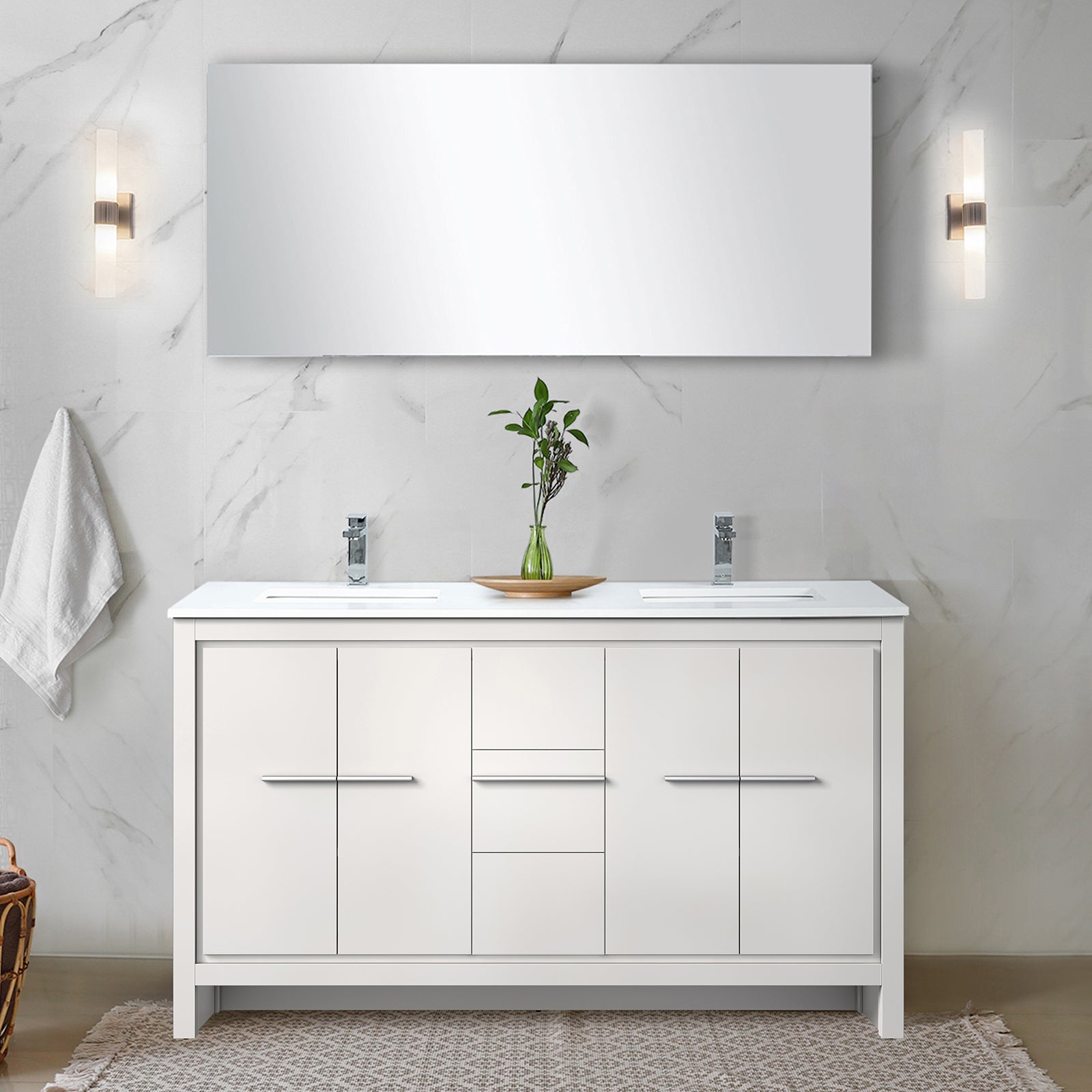 White Double Bath Vanity 60 in. W x 20 in. D, White Quartz Top and Chrome Faucet Set