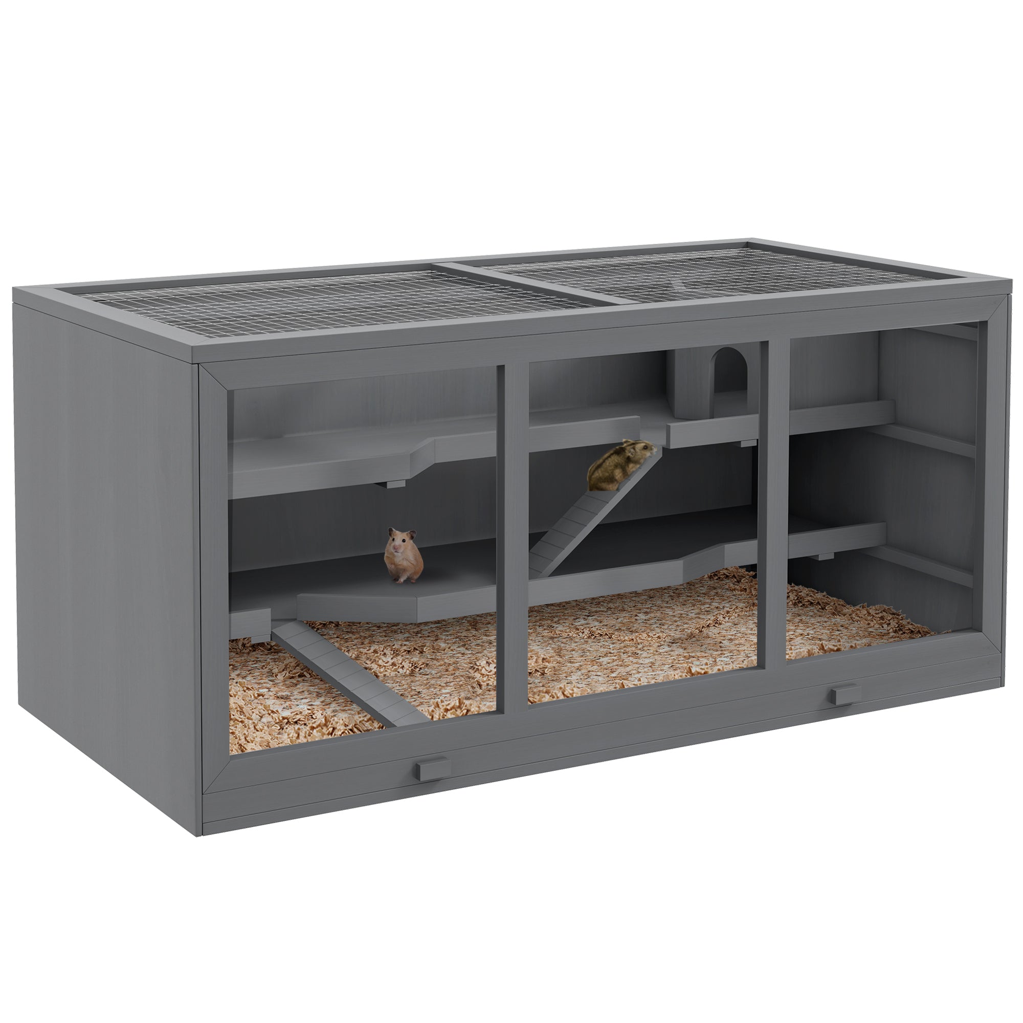 PawHut Extra Large Wooden Hamster Cage, Gerbil Cage, and Other Small Animal Habitat, Hamster Habitat with Opening Roof, Hut, Ramps, Gray