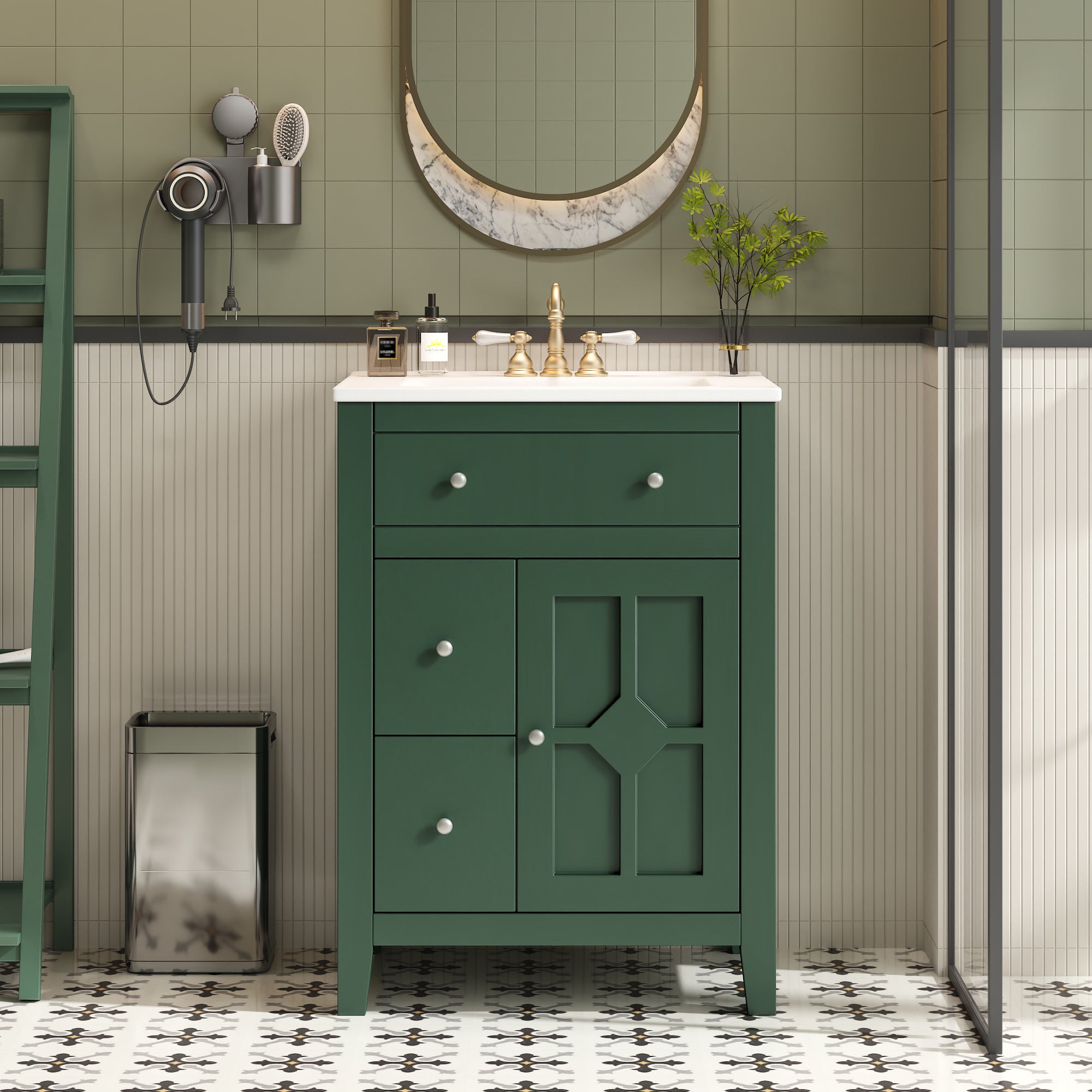 24' Modern Bathroom Vanity with Ceramic Basin, Restroom Basin Cabinet with 2 Drawers, Small Bathroom Cabinet with Soft-Closing Door