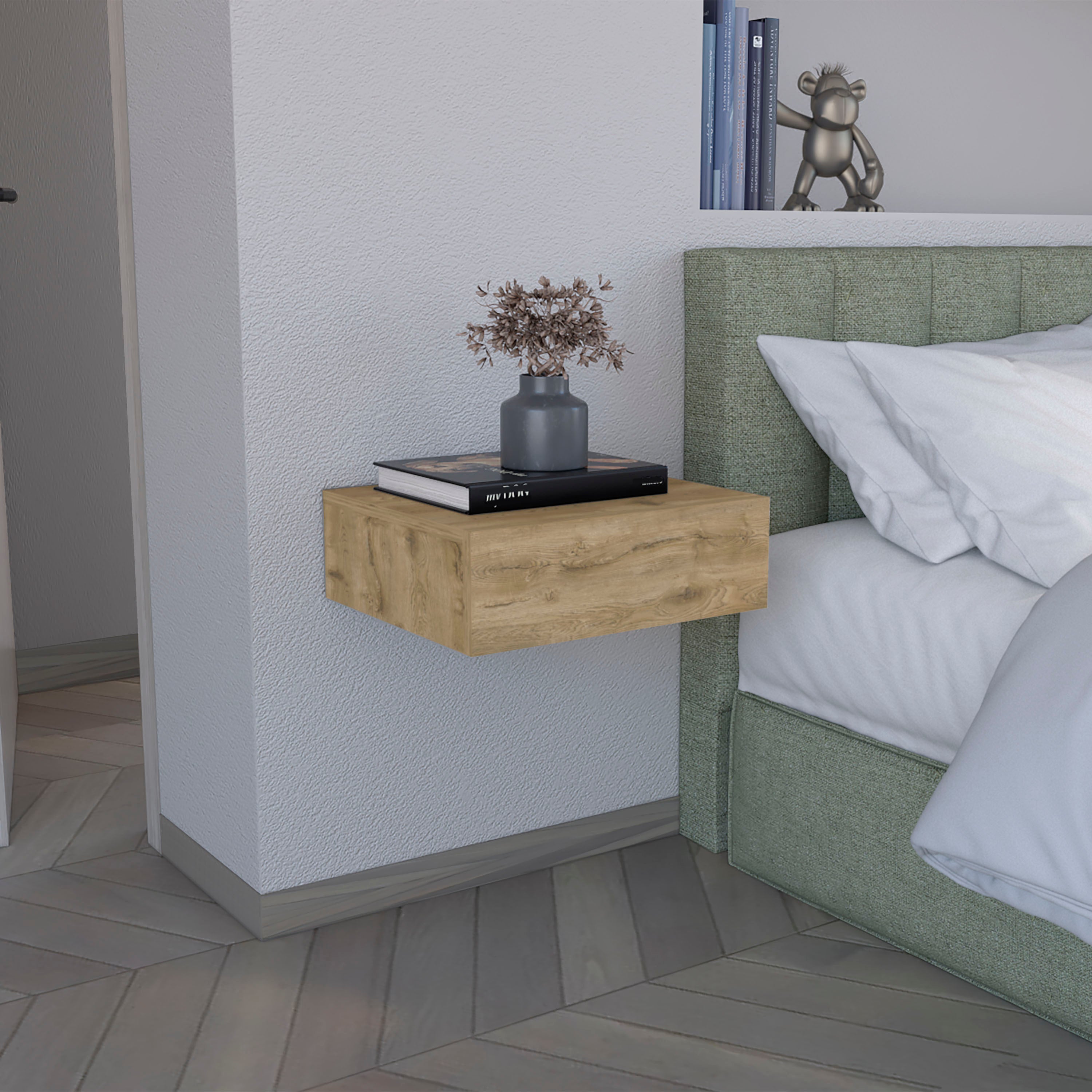 Floating Nightstand 5'H, Modern Wall-Mounted Bedside Shelf with Drawer, Macadamia
