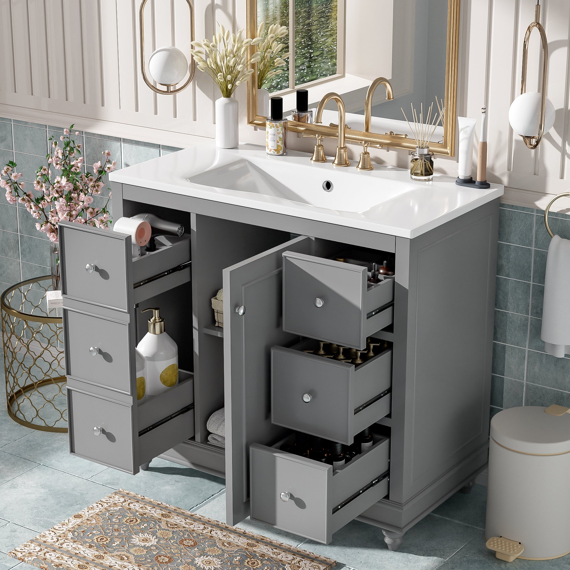 Modern Gray Bathroom Vanity with Ceramic Sink Combo – 36x18.3x34.1 inches, 4 Drawers and 1 Door, Versatile Storage, Adjustable Shelf, Solid Wood Frame, MDF(Old SKU:SV000016AAE-1)