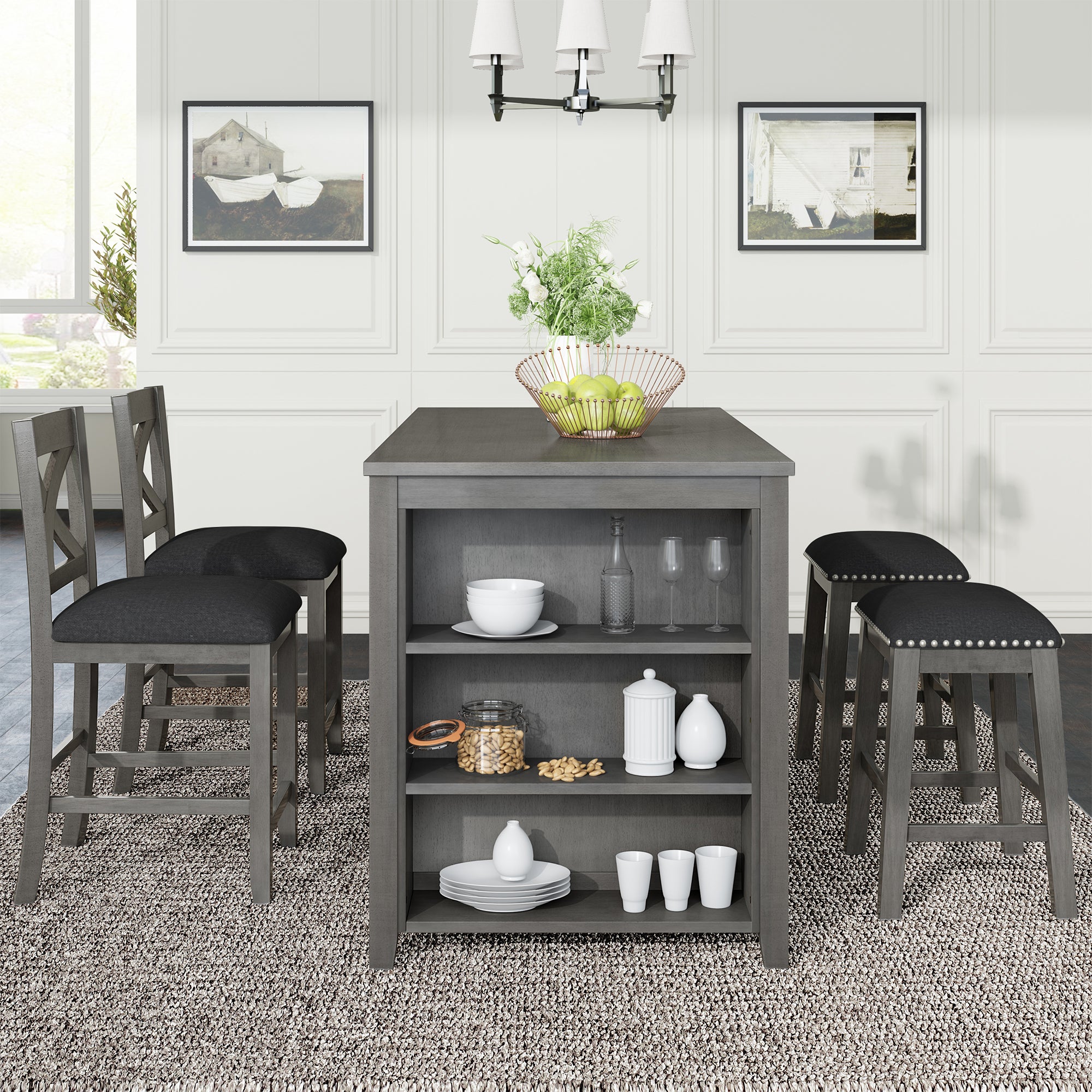 TOPMAX 5 Pieces Counter Height Rustic Farmhouse Dining Room Wooden Bar Table Set with 2 stools and 2 Chairs, Gray