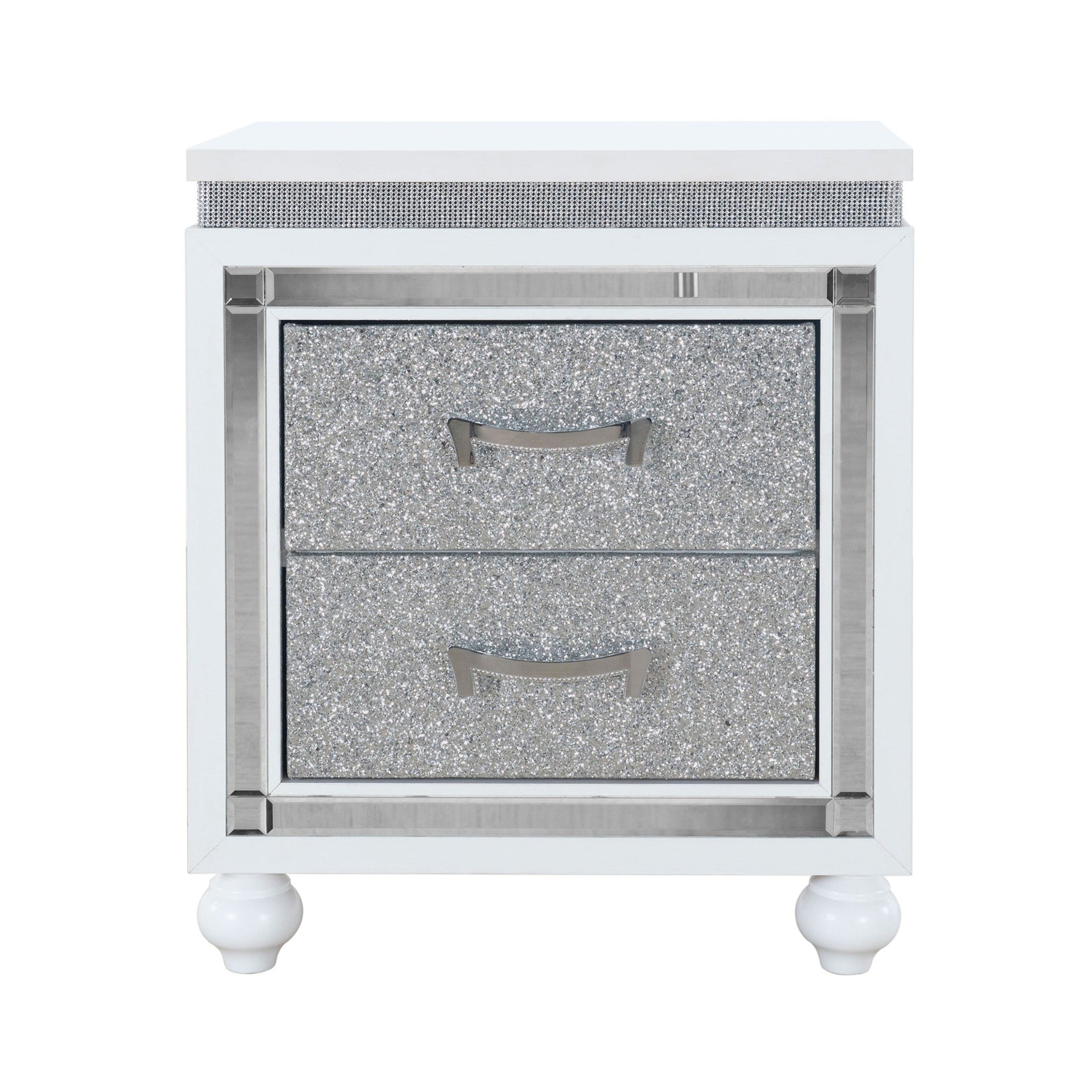 MALOISE Contemporary White Nightstand with Crushed Crystal Drawer Fronts and Mirrored Accent, Solid Wood and MDF