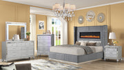 LIZZELLE Upholstery Wooden King 5 PC Bedroom set with Ambient lighting in Gray Velvet Finish(CA INVENTORY)