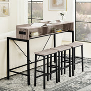 59 inch bar table, dining table, sofa table with power socket and LED light, 3 saddle stools, 4-piece bar table and chairs set for living room, dining room and kitchen