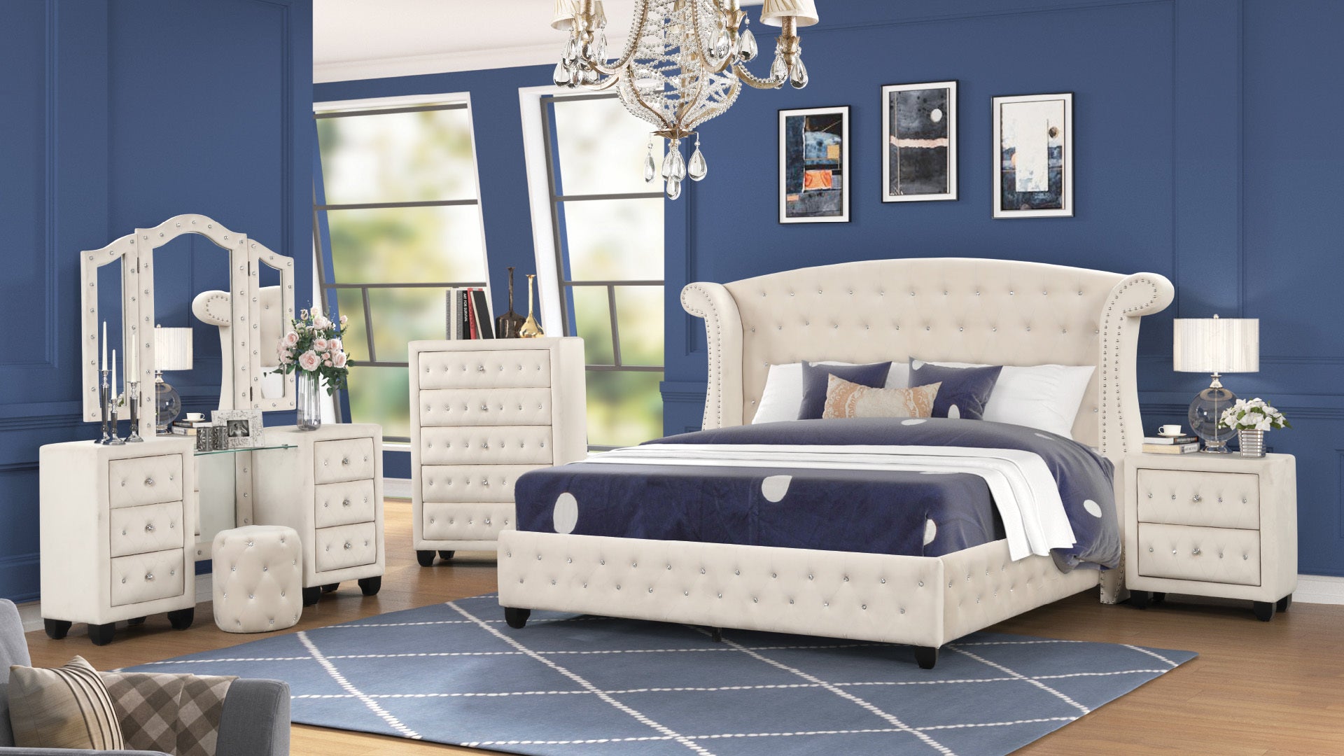 SOPHIA Crystal Tufted Queen 5 Pc Vanity Bedroom Set Made with Wood in Cream(CA INVENTORY)