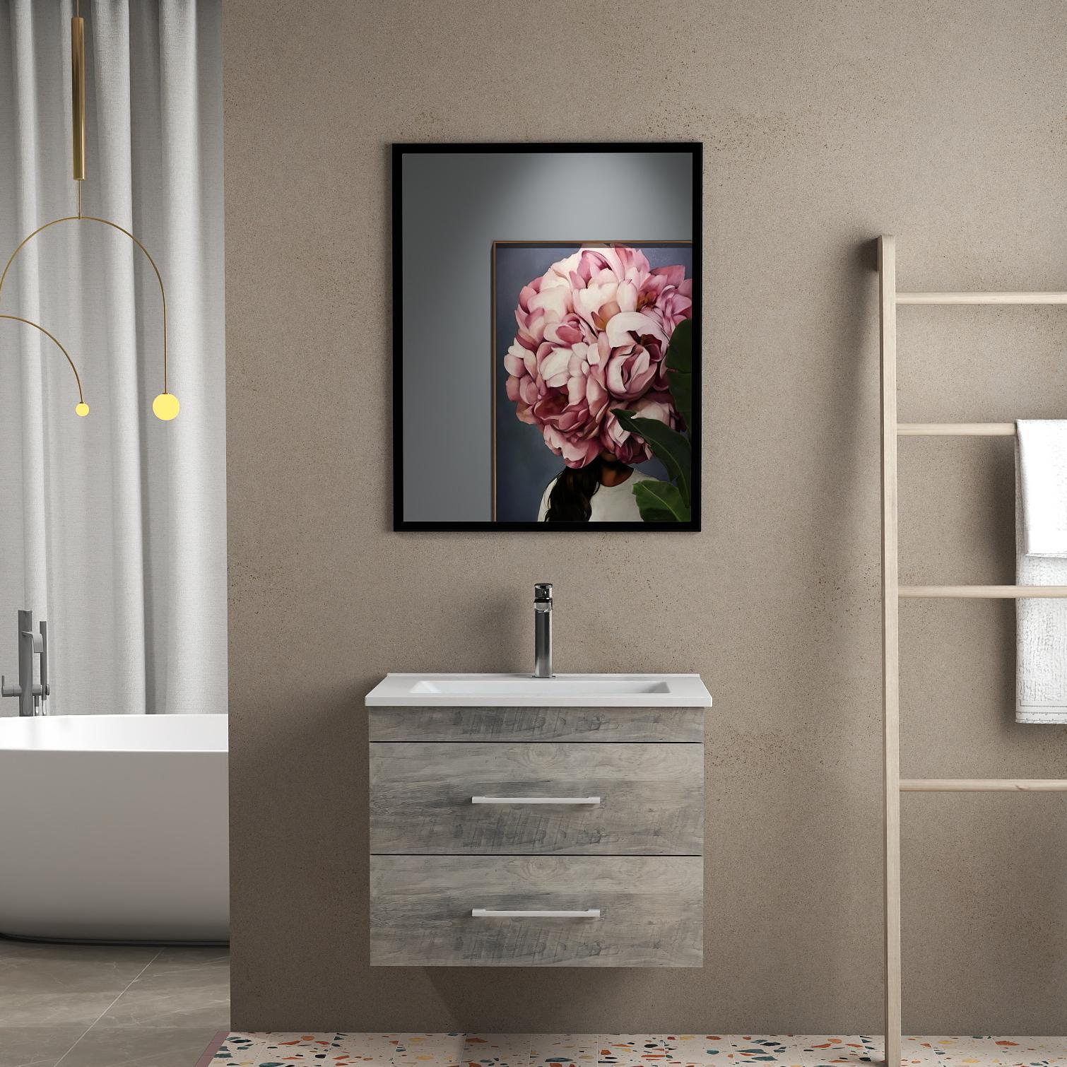 24-Inch Grey Wood Grain Wall-Mounted Bathroom Vanity with Double Drawers, Soft-Close System,White Ceramic Sink, and Black Aluminum Frame Mirror – Create a Modern and Minimalist Bathroom Space!Gray
