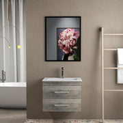 24-Inch Grey Wood Grain Wall-Mounted Bathroom Vanity with Double Drawers, Soft-Close System,White Ceramic Sink, and Black Aluminum Frame Mirror – Create a Modern and Minimalist Bathroom Space!Gray