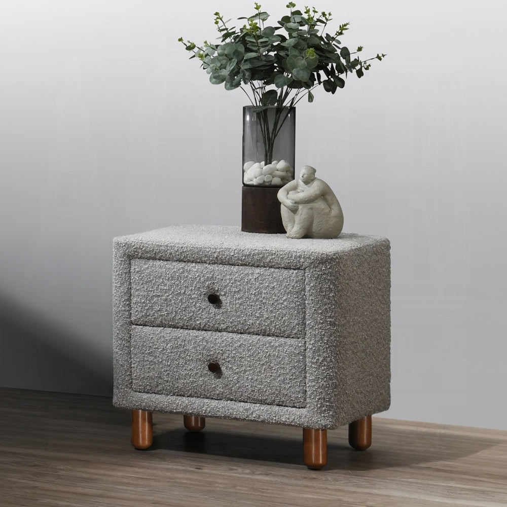 Classic Gray Two Drawers Nightstand 1pc Wooden Legs Plush Boucle Upholstered Bedroom Furniture