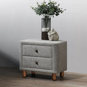 Classic Gray Two Drawers Nightstand 1pc Wooden Legs Plush Boucle Upholstered Bedroom Furniture