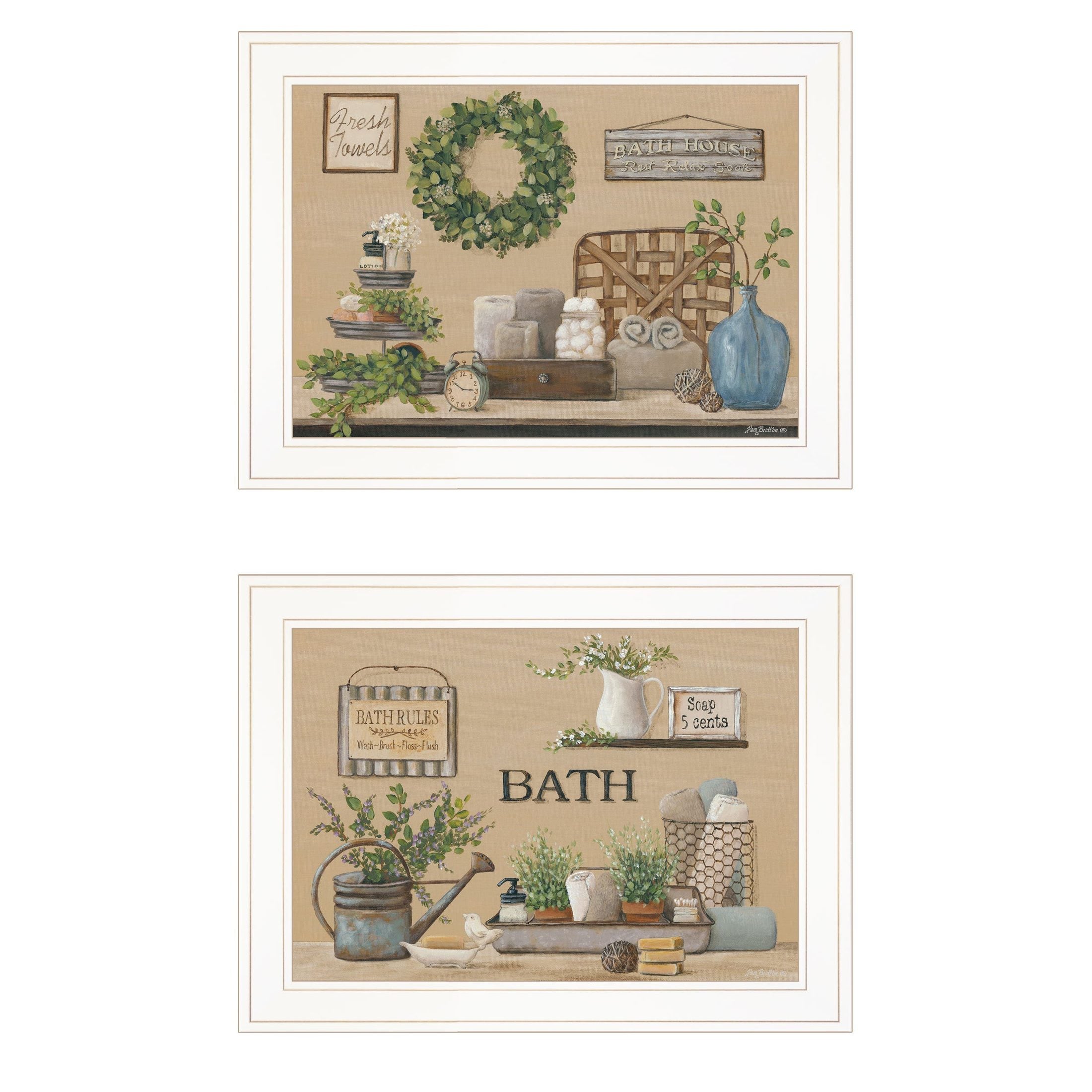 'Bath Time' 2-Piece Vignette By Pam Britton, Ready to Hang Framed Print, White Frame