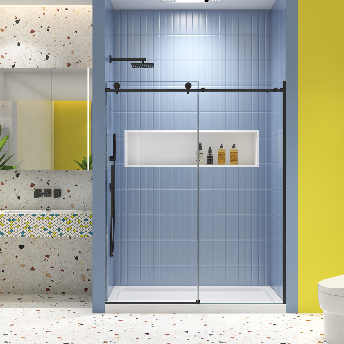 Glass shower door, sliding door, soft close system, with 5/16' tempered glass and Matted black finish 56-60'x74'