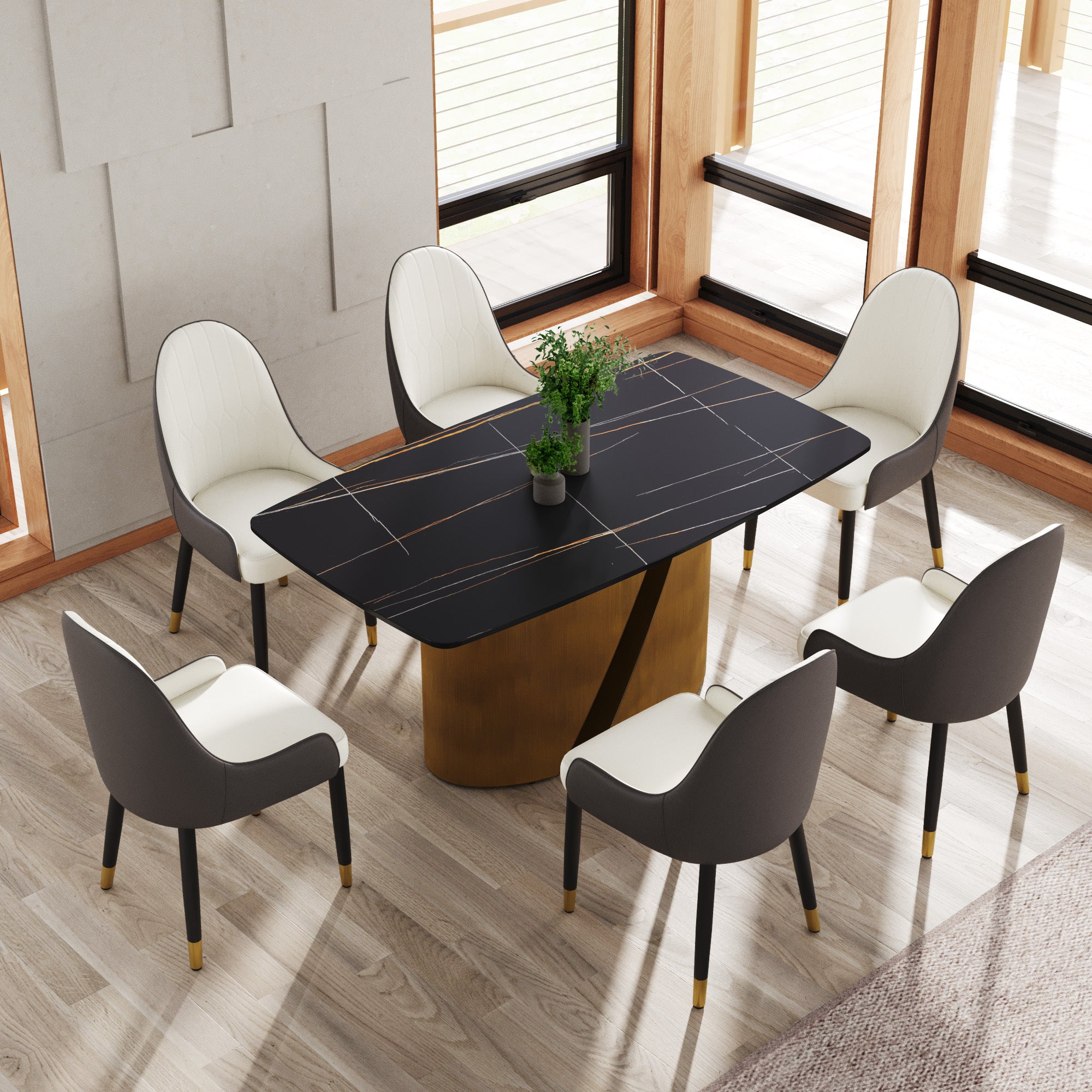 63 'Modern Artificial Stone Curved Black Panel Bronze Iron Metal Legs-Can Accommodate 6-8 People
