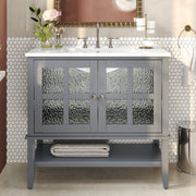 36' Bathroom Vanity with Ceramic Sink, Bathroom Vanity with Adjustable Shelf and Open Shelf, with Solid Wood Legs, Waterproof Painted Finish, Silver Metal Knobs and Soft Close Hinges Design, Gray