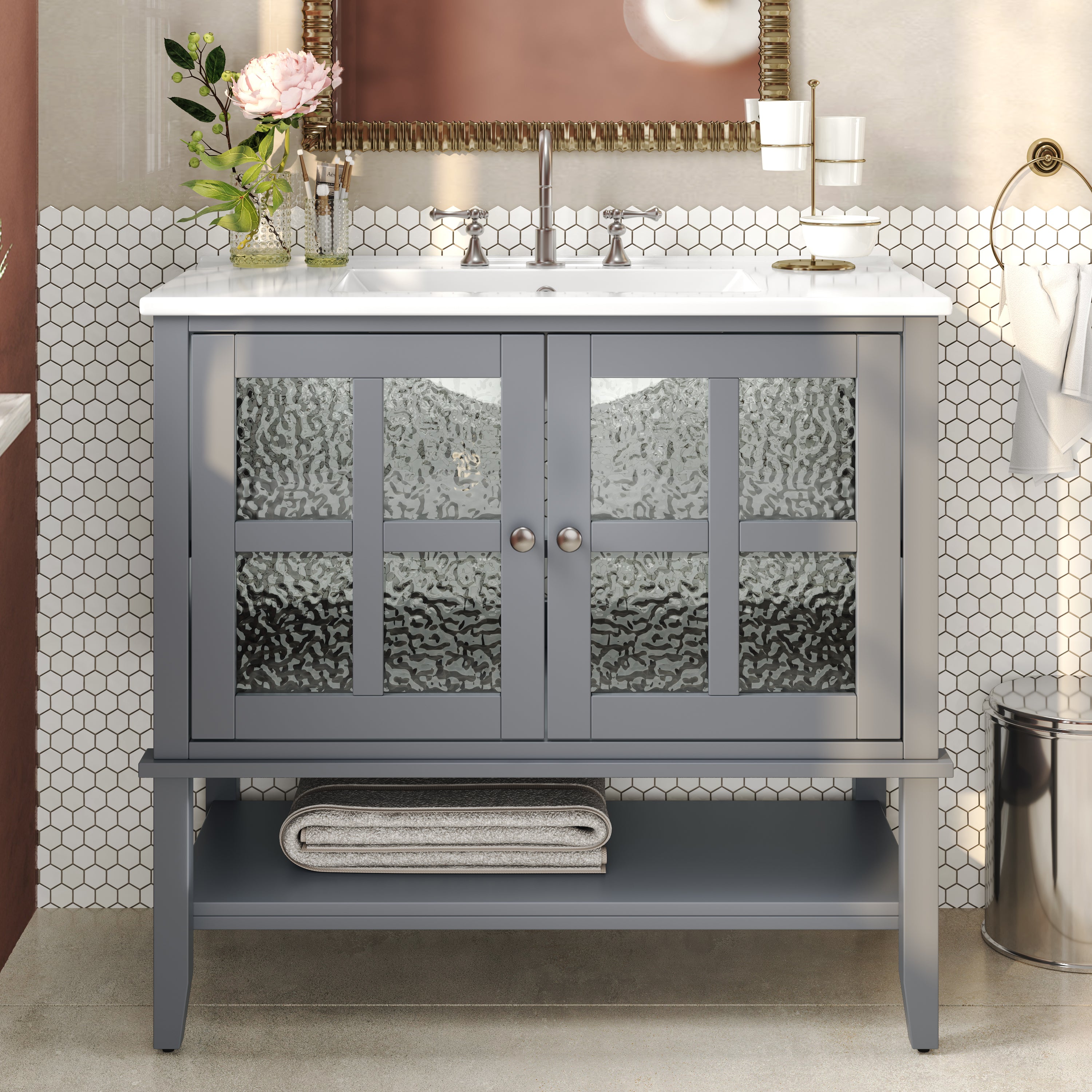 36' Bathroom Vanity with Ceramic Sink, Bathroom Vanity with Adjustable Shelf and Open Shelf, with Solid Wood Legs, Waterproof Painted Finish, Silver Metal Knobs and Soft Close Hinges Design, Gray