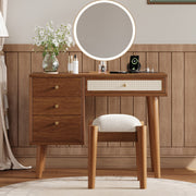 39' Retro Bohemian Style Wooden Makeup Vanity Set with Charging Plug&USB Port and Stool, Dressing Table with 3 Storage Drawers and 1 Rectangular Rattan Drawer, Walnut