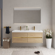 60' Wall-Mounted Bathroom Vanity with Double Sinks, Floating Bathroom Storage Cabinet with Stone Resin Countertop and Soft Close Drawers, Natural Oak 24V15-60DNO