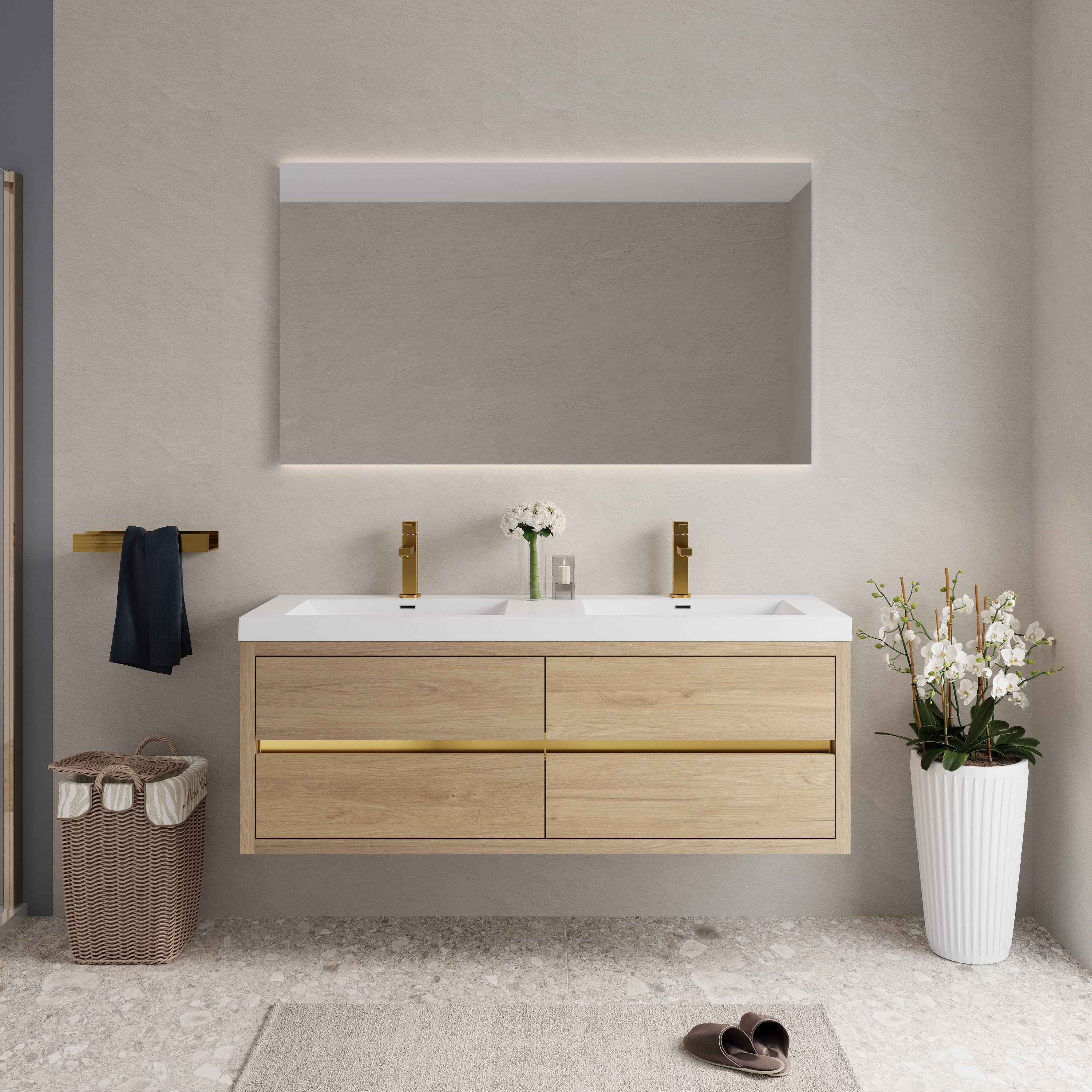 60' Wall-Mounted Bathroom Vanity with Double Sinks, Floating Bathroom Storage Cabinet with Stone Resin Countertop and Soft Close Drawers, Natural Oak 24V15-60DNO