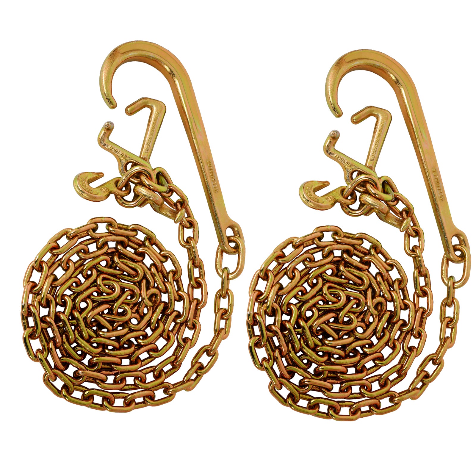 Grade 70 5/16 Inch x 10 Feets Transport Tow Chain J Hook Long Shank w/R T J Grab Hook Yellow Zinc - 3,700 lbs. Safe Working Load 2pcs