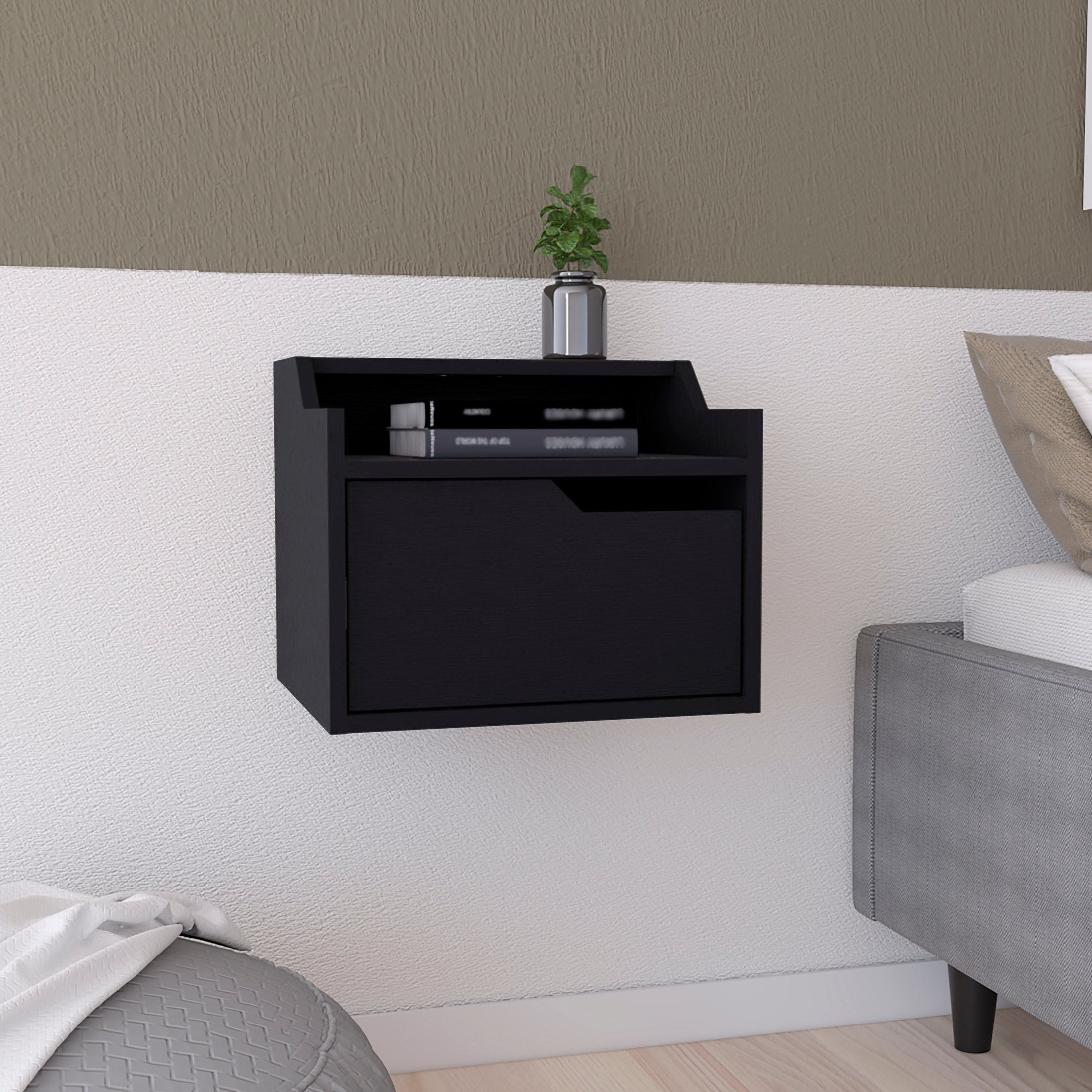 Winchester Floating Nightstand, Modern Dual-Tier Design with Spacious Single Drawer Storage, Black