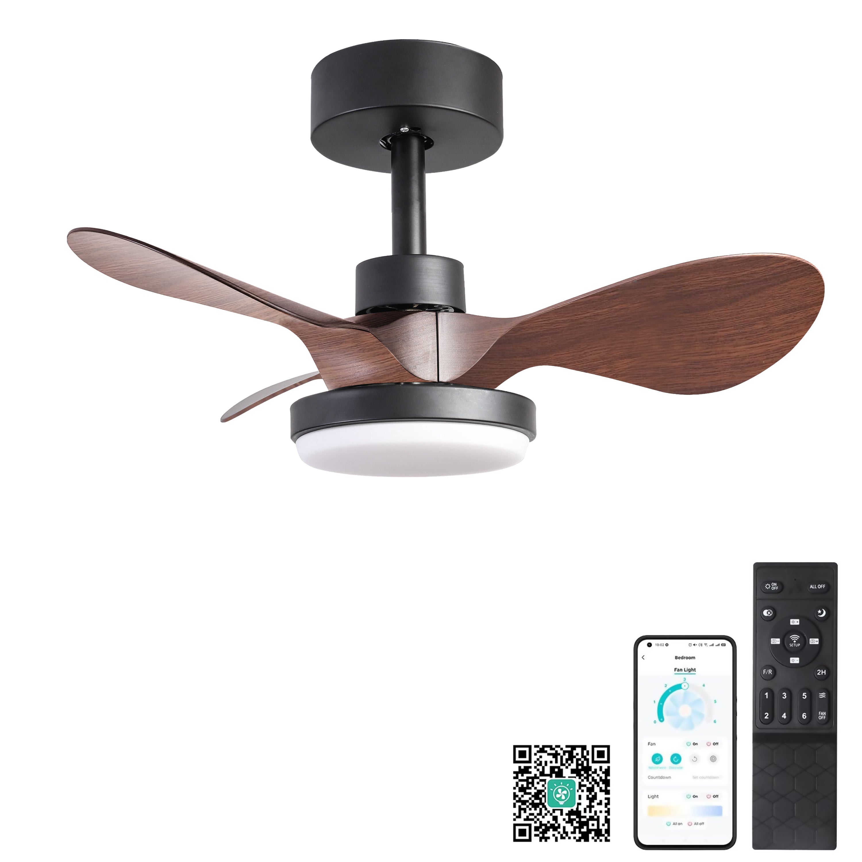 24' Black small  Ceiling Fan with Light remote control ,Modern Low Profile Ceiling Fan, 6-Speeds Quiet Reversible DC motor for Bedroom,Kitchen