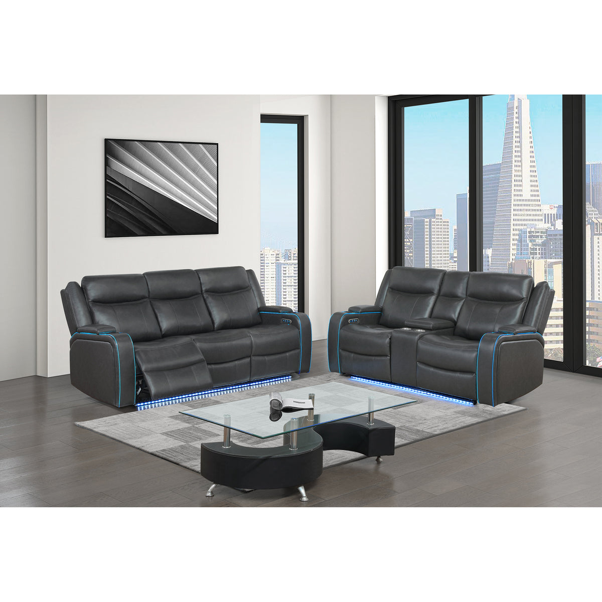 Blanca Charcoal Power Reclining Sofa and Loveseat with LED Lights and Power Headrest