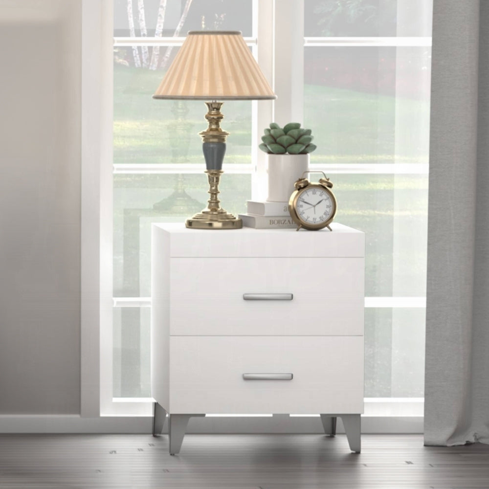 Modern Contemporary Bedroom Furniture White Finish Nightstand of 2x Drawers Metal Legs Wooden 1pc