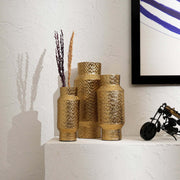 Decorative Gold Mosaic Pattern Cylinders Aluminum Vases – Set of 3 Gold Polished Table Accents