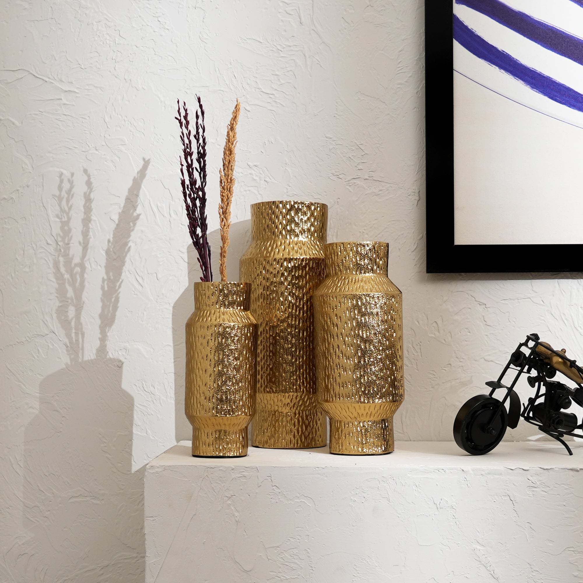 Decorative Gold Mosaic Pattern Cylinders Aluminum Vases – Set of 3 Gold Polished Table Accents