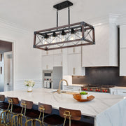 32' Red Wood Industrial Farmhouse Rectangle Pendant Light, 5-Light Chandelier with Lampshade for Dining Room, Kitchen Island, Cafe Decor (No Bulbs)