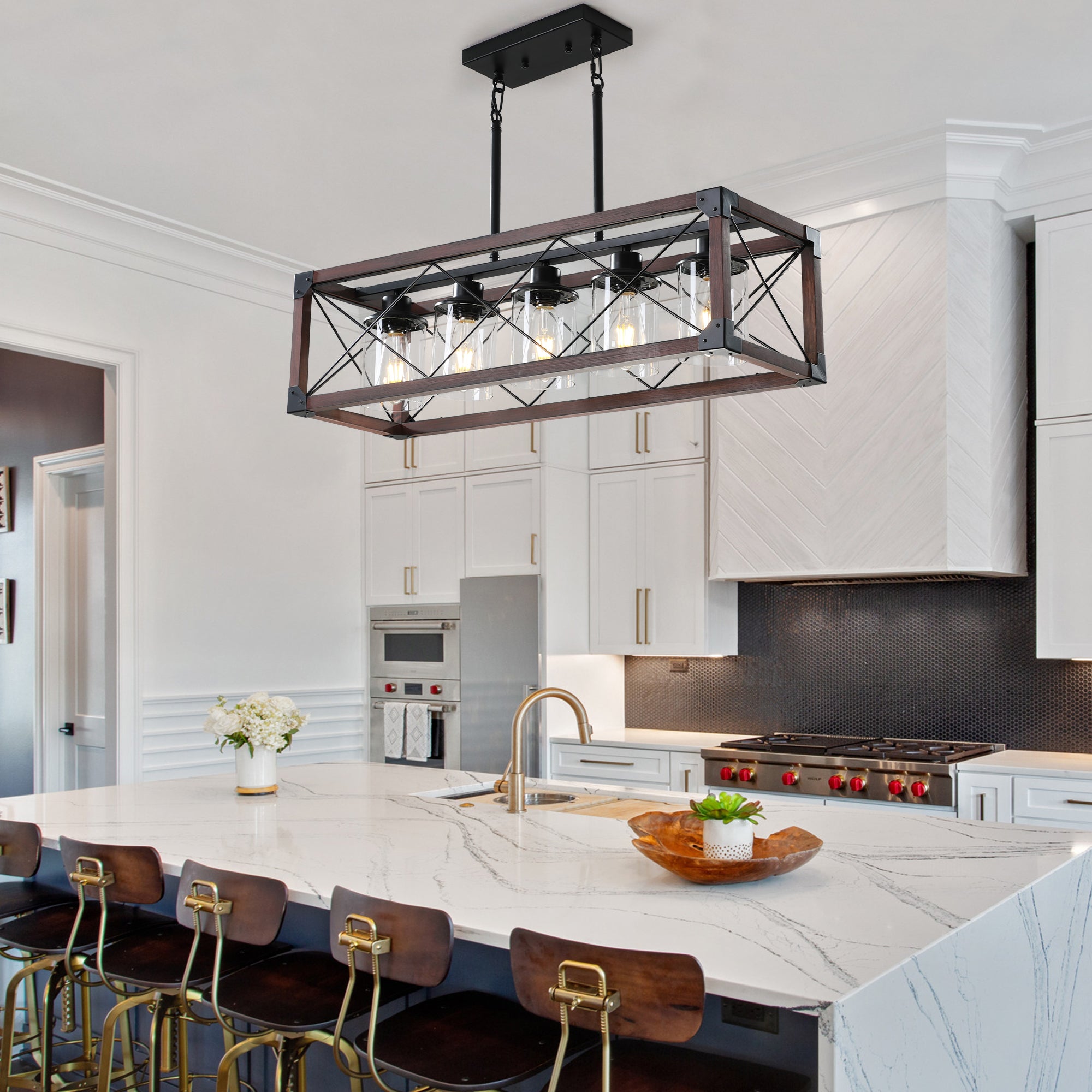 32' Red Wood Industrial Farmhouse Rectangle Pendant Light, 5-Light Chandelier with Lampshade for Dining Room, Kitchen Island, Cafe Decor (No Bulbs)