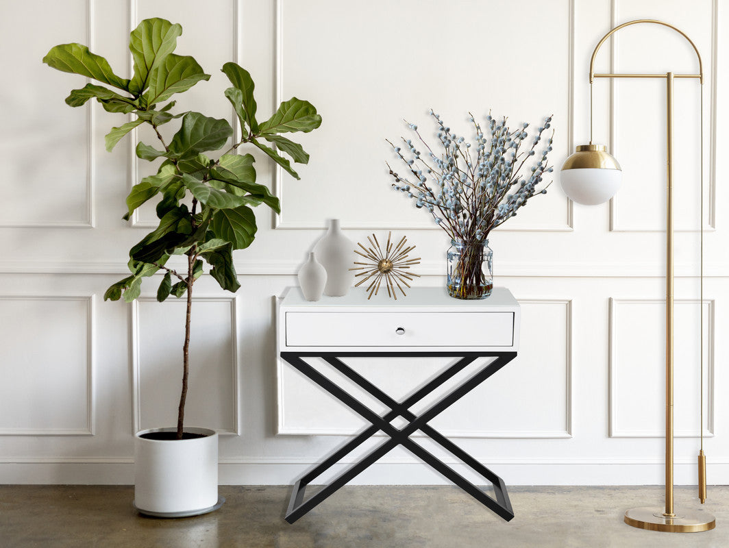 Koda 23' White Wooden End Side Table Nightstand with Glass Top, Drawer and Metal Cross Base