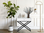 Koda 23' White Wooden End Side Table Nightstand with Glass Top, Drawer and Metal Cross Base