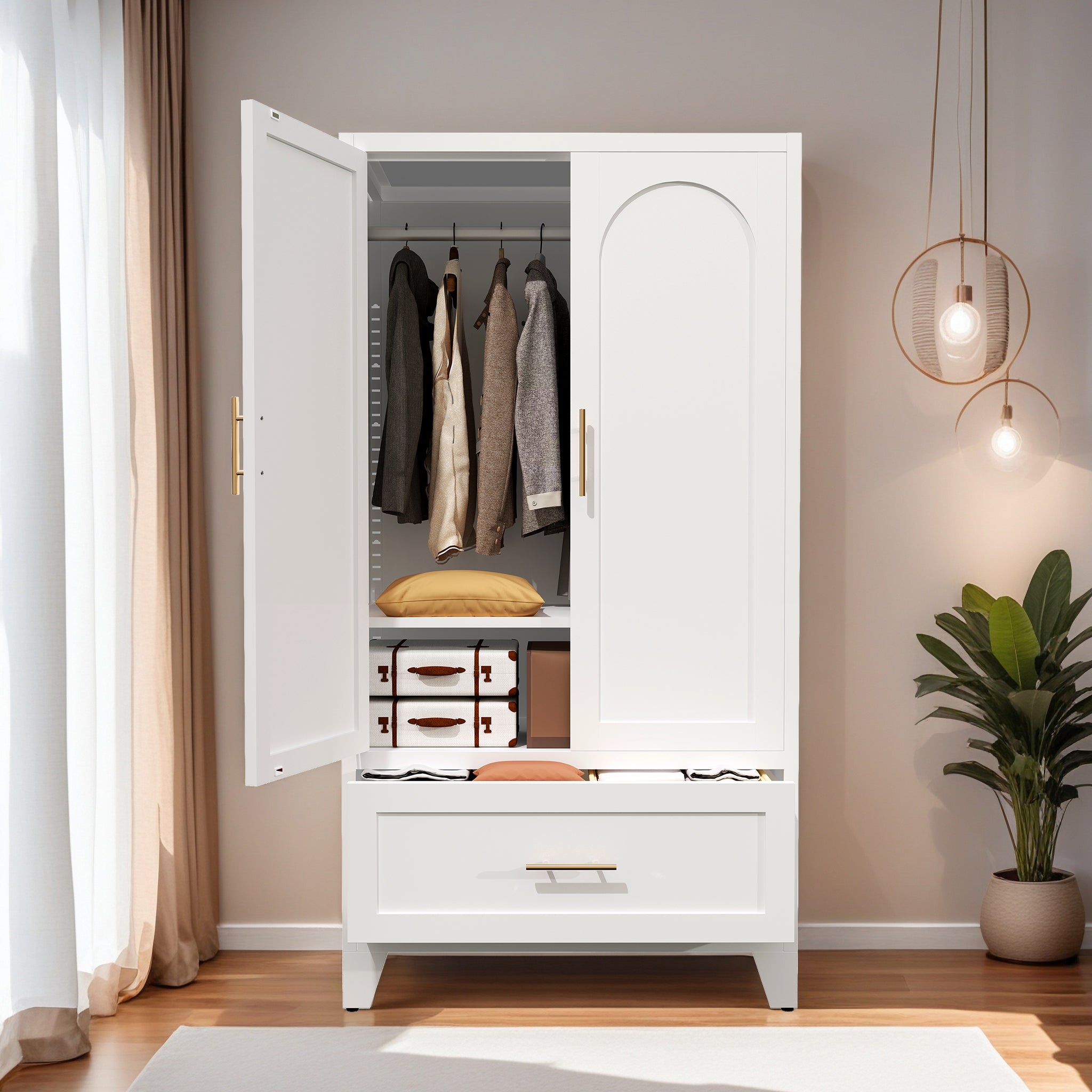 60' Tall Metal Wardrobe Cabinet with 1 Drawer and Hanging Rod, 2 Doors Wardrobe Closet with Shelf for Bedroom, Office, Laundry Room,Entryway ,Foyer,Guesthouse (White)
