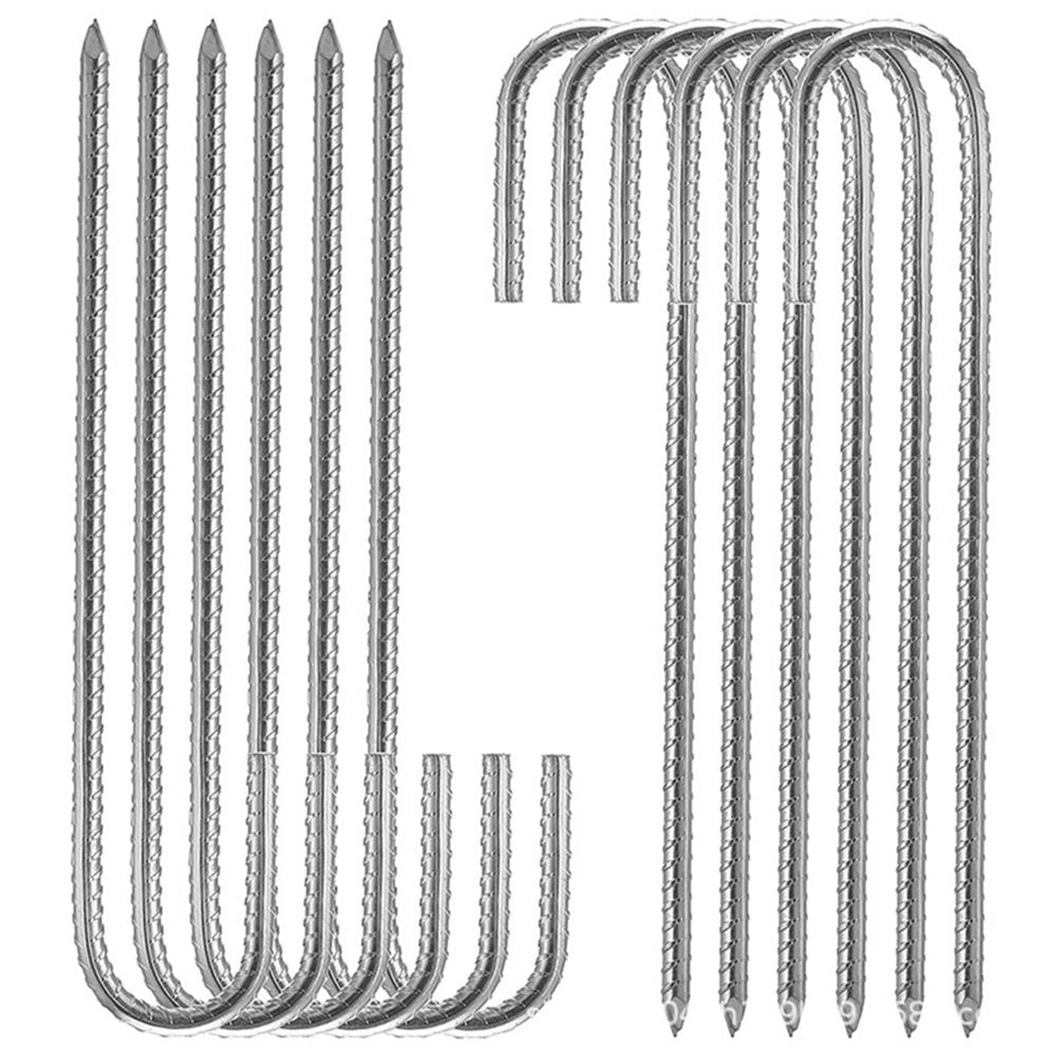 J-Shaped 0.4 in. x 12 in. Silver Steel Rebar Pins (16 Pack) - Heavy Duty Landscaping Anchors for Fabric Edging & Securing