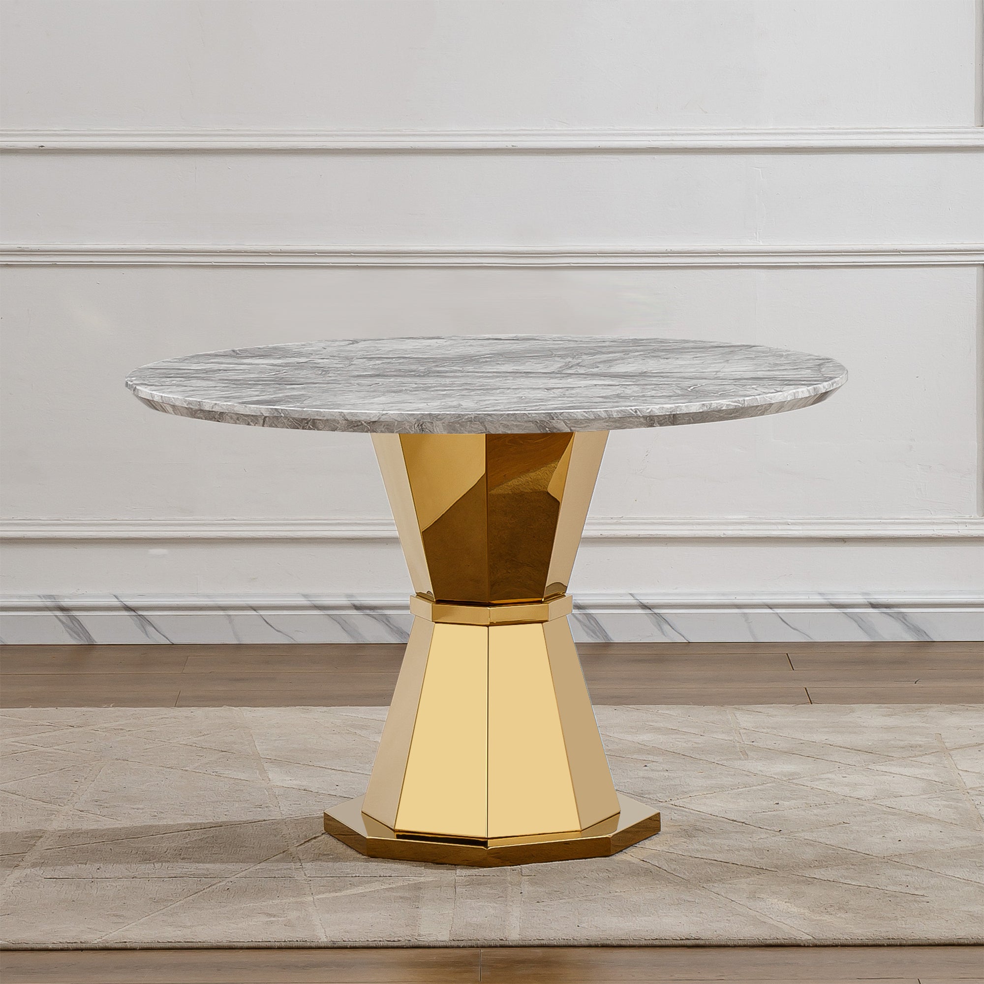 47' Round Marble Dining Table, Modern Kitchen Table with High Gloss Faux Marble Tabletop and Stainless Steel Base for Dining Room, Kitchen (Gold,Gray)(only table)
