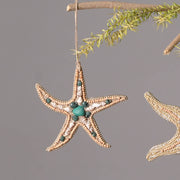 Wooden & Shell  Beaded Lac Star Fish Ornament - Brown & Blue