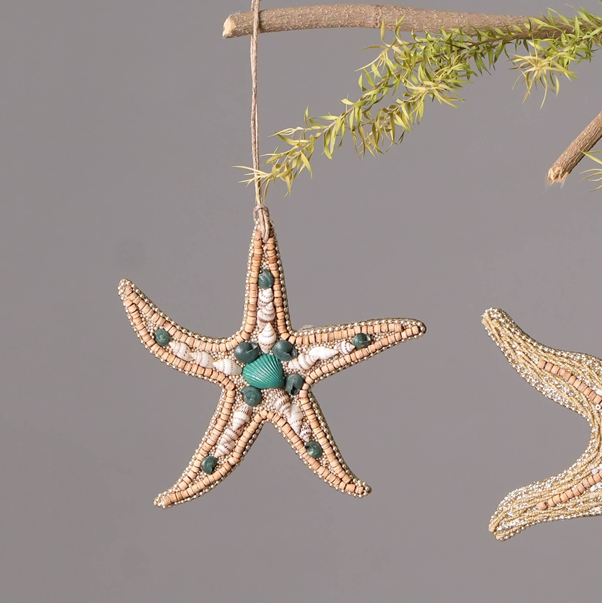 Wooden & Shell  Beaded Lac Star Fish Ornament - Brown & Blue