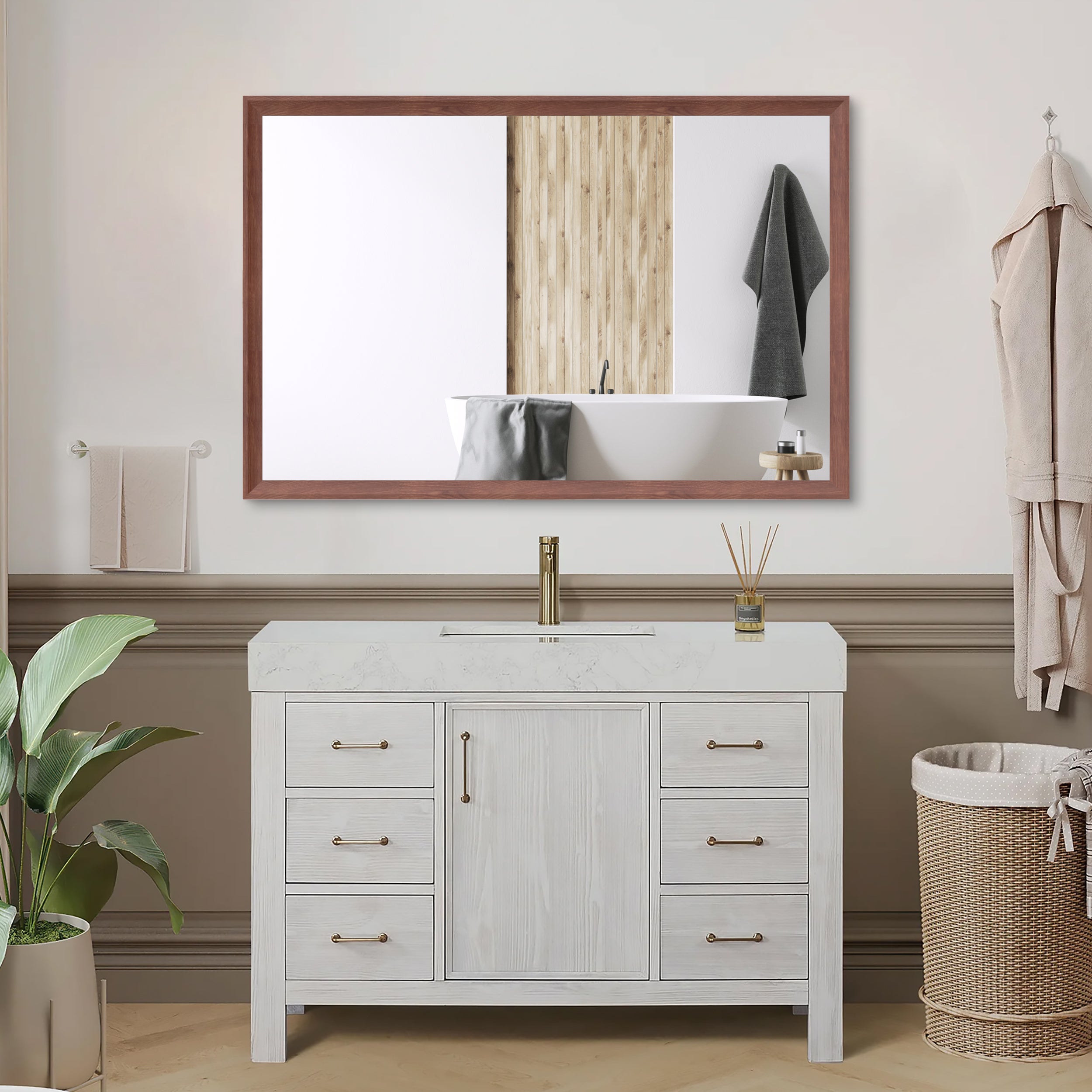 48'x32' Oversized Modern Rectangle Bathroom Mirror with walnut Frame Decorative Large Wall Mirrors for Bathroom Living Room Bedroom Vertical or Horizontal Wall Mounted mirror with Aluminum Frame