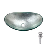 Artistic Silver Tempered Glass Vessel Sink with Chrome Pop-Up Drain, Boat Shape Bathroom Sink Above Counter, Silver, 21.5 x 13.75 x 6.25 Inches