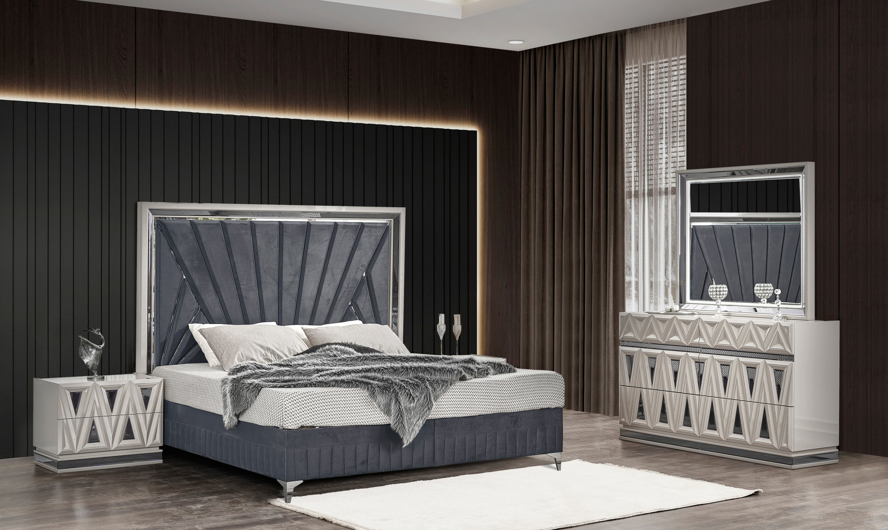 Lavita Modern & Contemporary Style 4 Pc King Upholstered Bedroom Set Made with Wood and Gold Accents in River Sand Grey (CA Inventory)