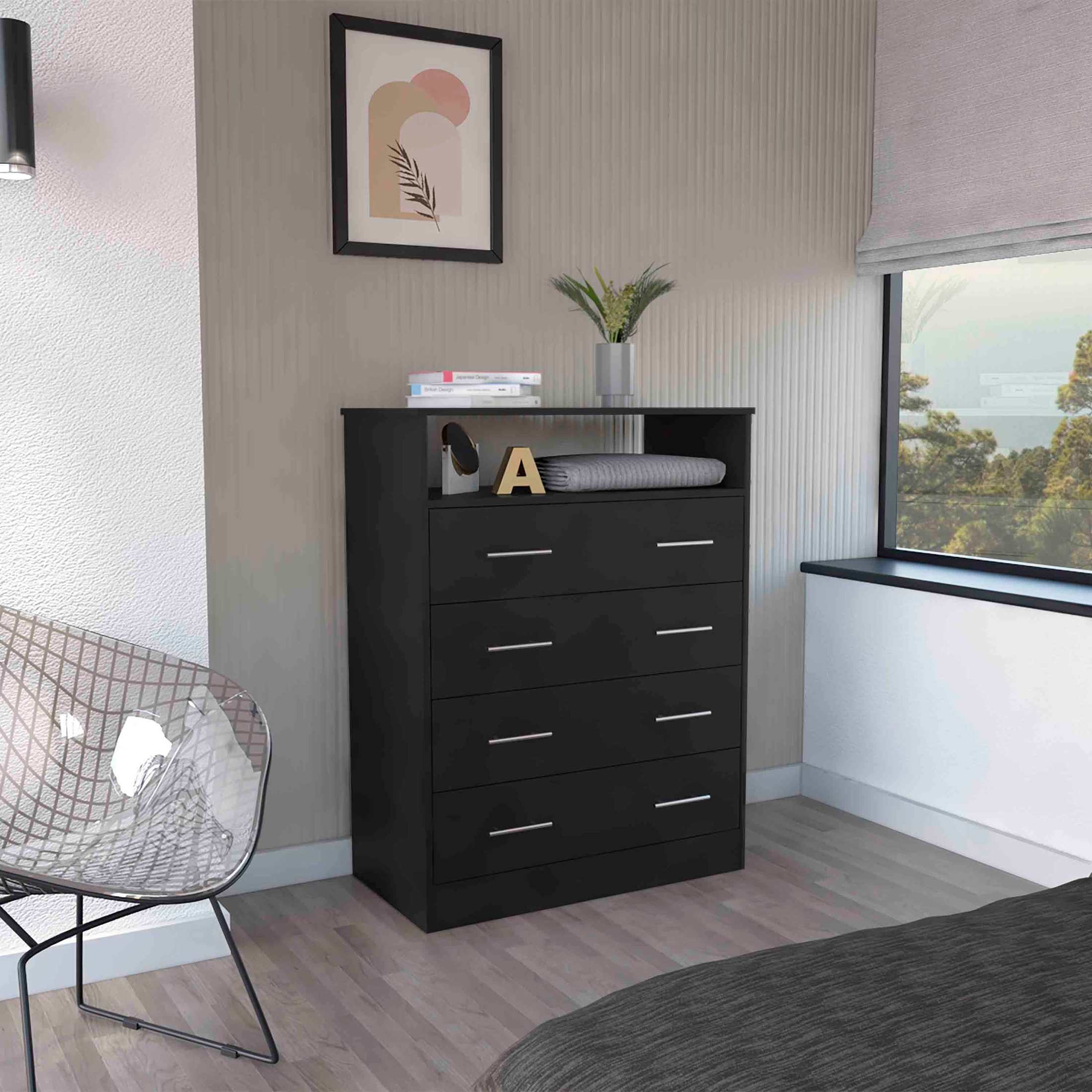 Peru L Four Drawer Dresser, Superior Top, One Open Shelf -Black