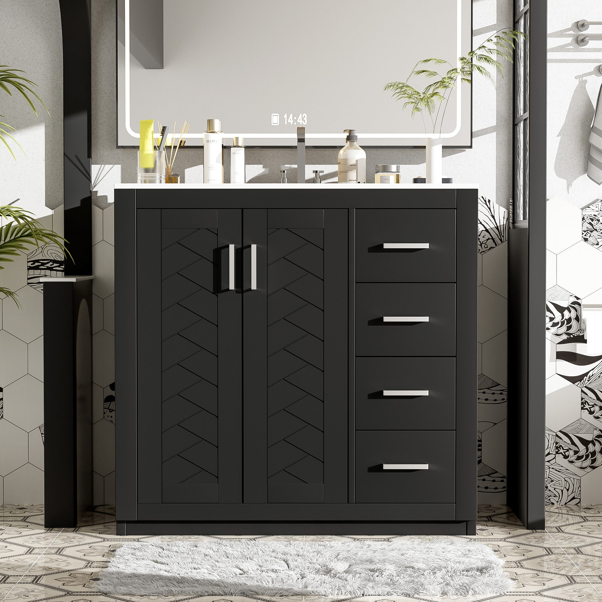 36'' Bathroom Vanity with Ceramic Sink Combo, Solid Wood Frame Bathroom Storage Cabinet, Freestanding Vanity Set with 3 Drawers& Soft Closing Doors