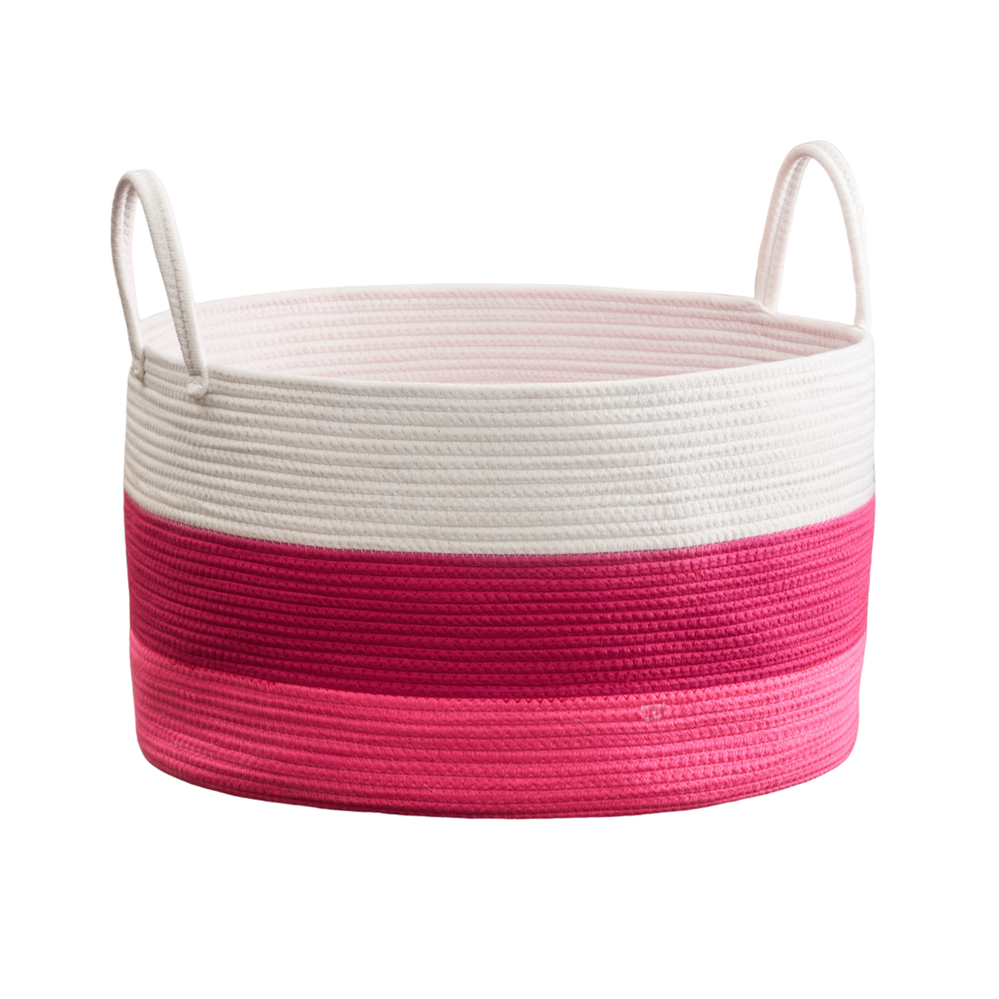 Cotton Round White Pink Laundry and Storage Basket with Handles